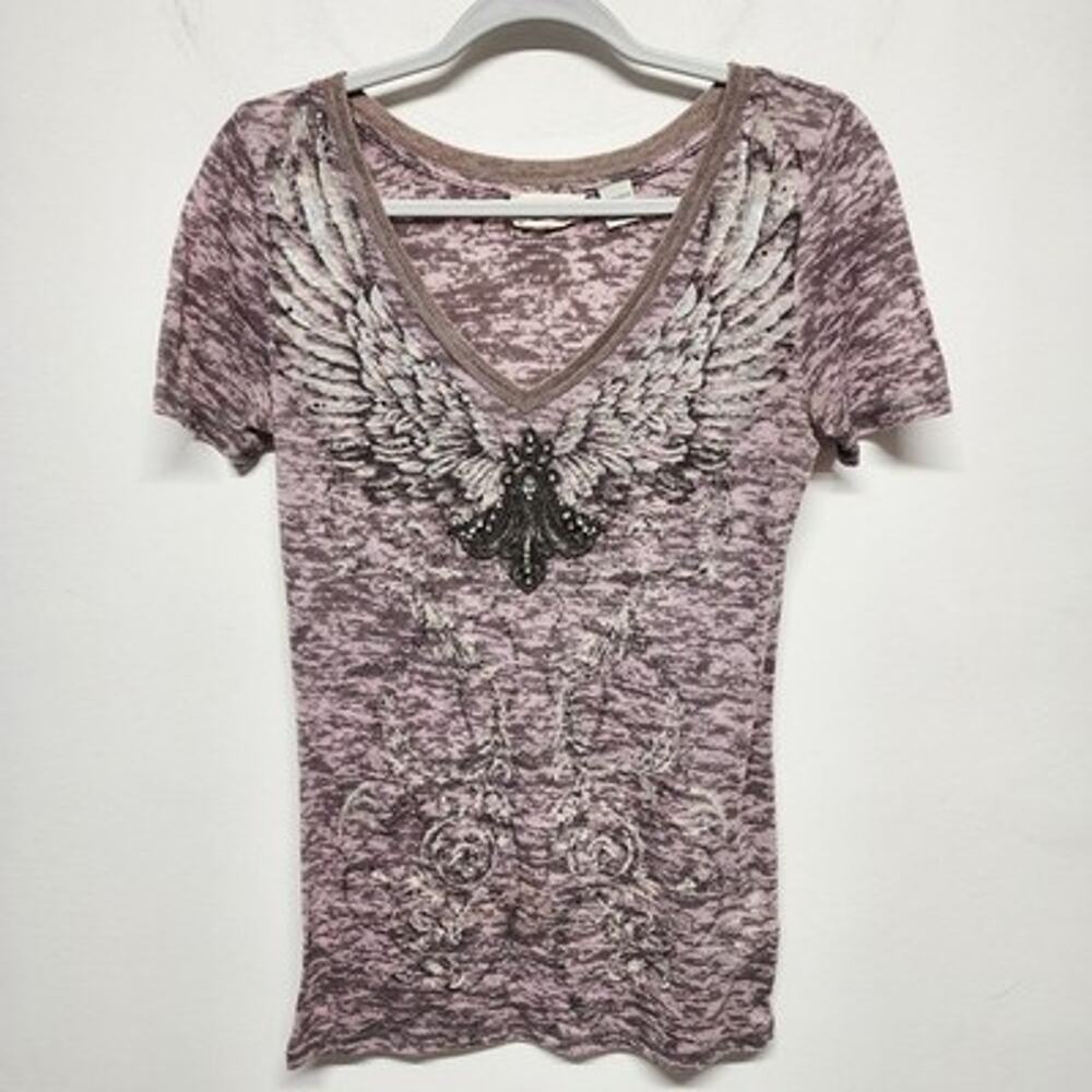 Vintage Miss Me Y2K Burnout V-neck T-shirt Womens L Embellished Rhinestones